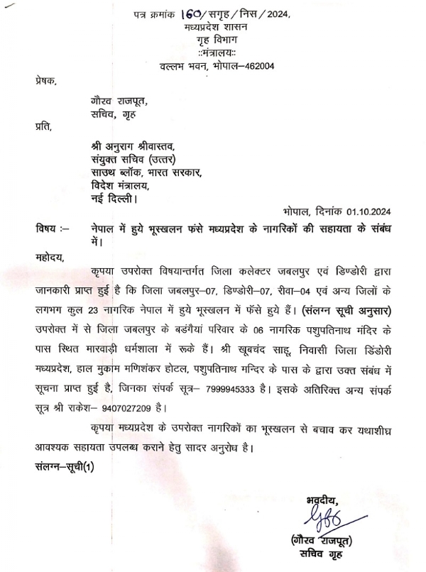 राज्य सरकार द्वारा केन्द्र को लिखा पत्र