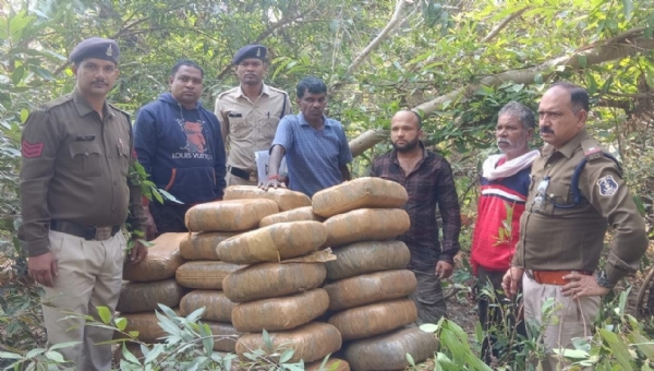 जब्त गांजा के साथ गिरफ्तार आरोपित व पुलिस।