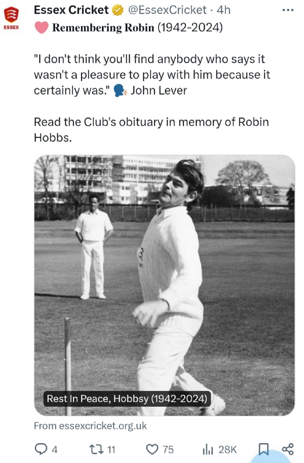 England and Essex legspinner Robin Hobbs dies