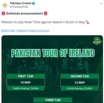 तीन मैचौं की टी-20 श्रृंखला के लिए मई में आयरलैंड का दौरा करेगा पाकिस्तान