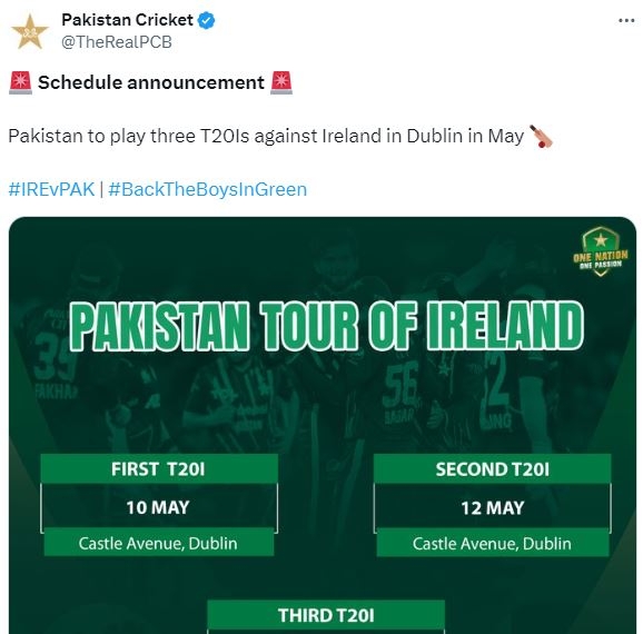 Pakistan to play three T20Is against Ireland in Dublin in May