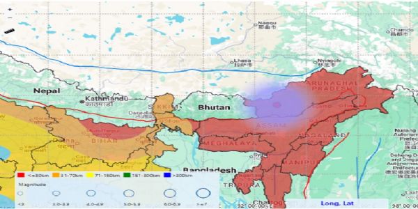 अरुणाचल में आए भूकंप का मानचित्र