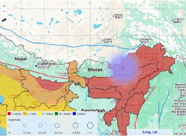 अरुणाचल में आए भूकंप का मानचित्र