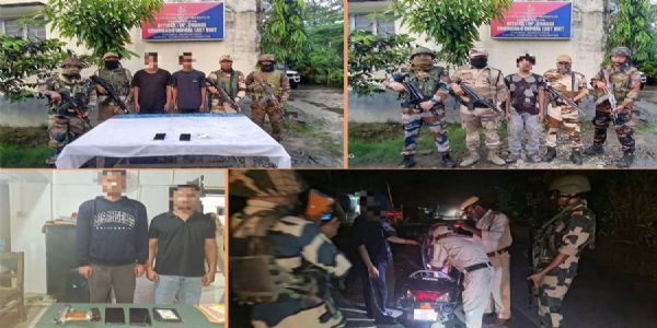 मणिपुर- अलग-अलग अभियानों में गिरफ्तार पांच उग्रवादी एवं वाहनों की तलाशी करते पुलिस एवं सुरक्षा बलों के जवान