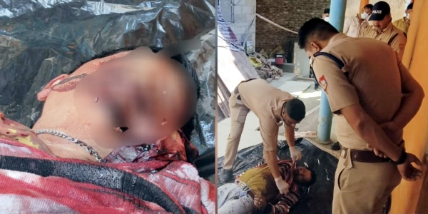 घटनास्थल पर रेस्टोरेंट कर्मी का शव, और शव की जांच करते पुलिस कर्मी।