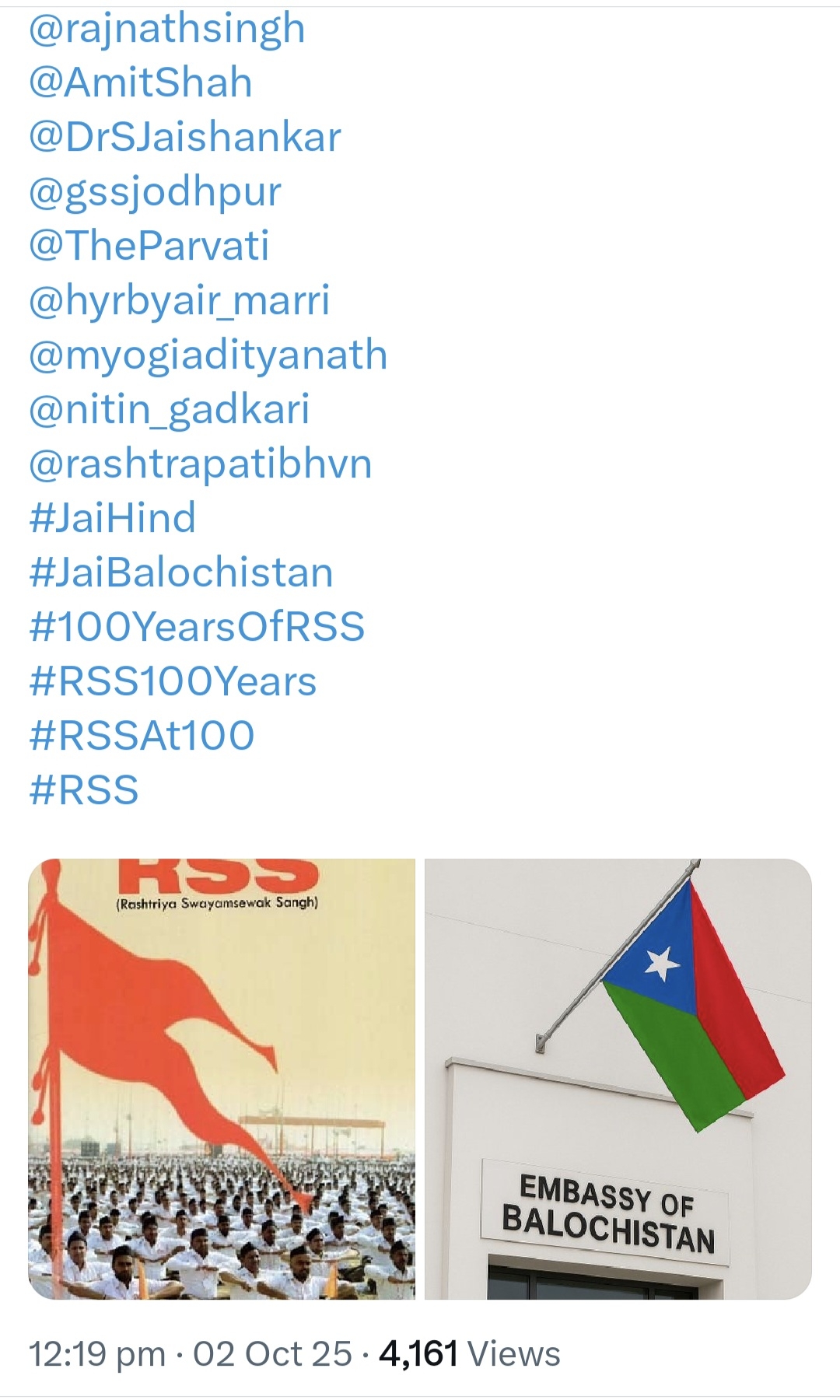Mir Yar Baloch of Free Balochistan Movement congratulates RSS on its Centenary Day