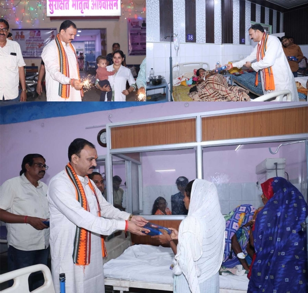 स्वास्थ्य मंत्री जायसवाल मरीजों और अस्पताल स्टाफ  को फल एवं मिठाई वितरित करते