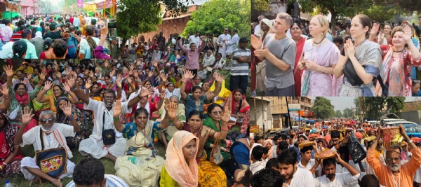 विदेशी भक्त गोवर्धन महाराज की पूजा अर्चना के दौरान इंसेट में श्रद्धालुओं का सैलाब