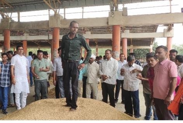 कुरूद कृषि उपज मंडी में धान खरीदी करते हुए मंडी कर्मचारी, किसान व अन्य।