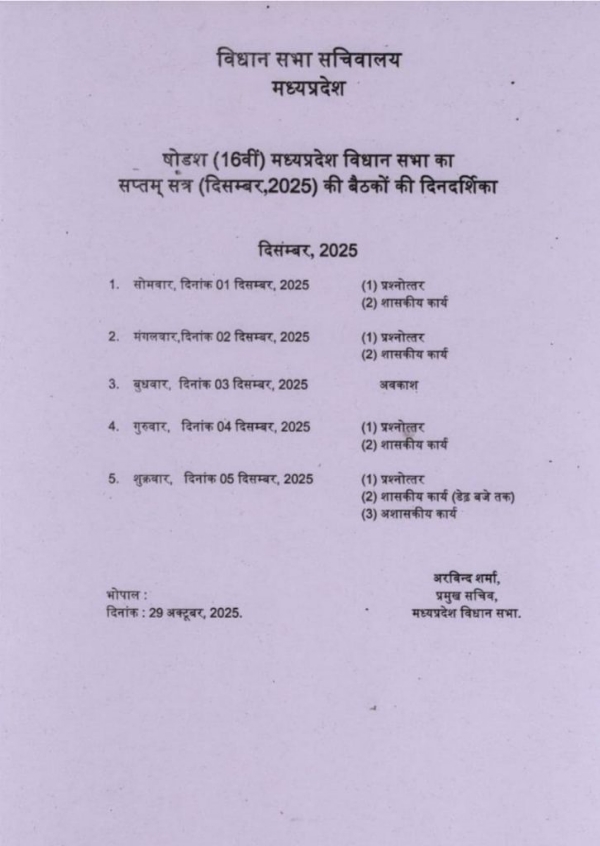 मध्य प्रदेश विधानसभा का शीतकालीन सत्र 01 दिसंबर से मध्य प्रदेश विधानसभा का शीतकालीन सत्र 01 दिसंबर से