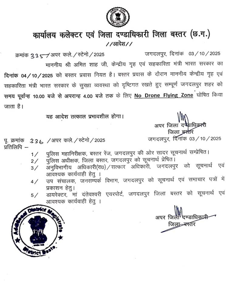 जगदलपुर शहर को नो ड्रोन फ्लाइंग जोन घोषित