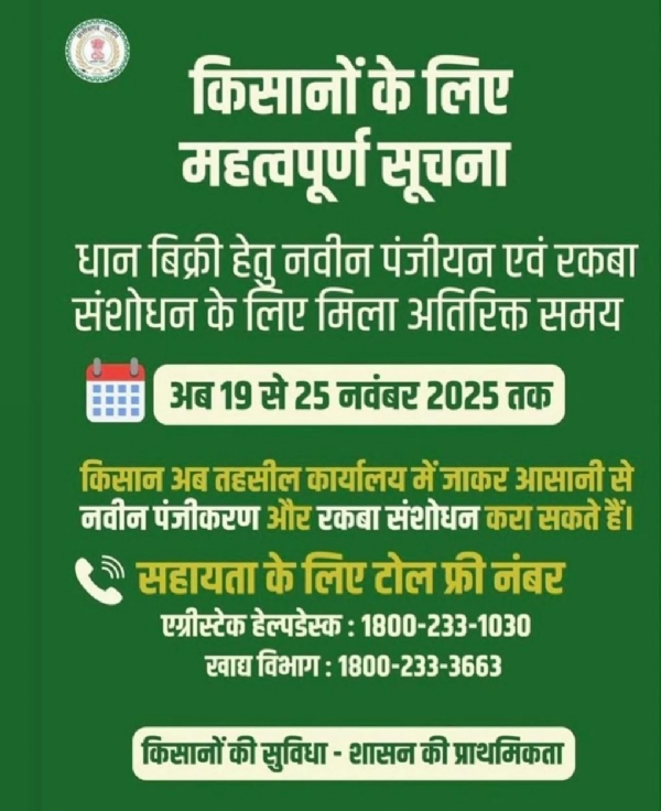कोरबा : एकीकृत किसान पोर्टल में नवीन पंजीयन, कैरी फारवर्ड, फसल-रकबे में संशोधन के लिए तिथि बढ़ी