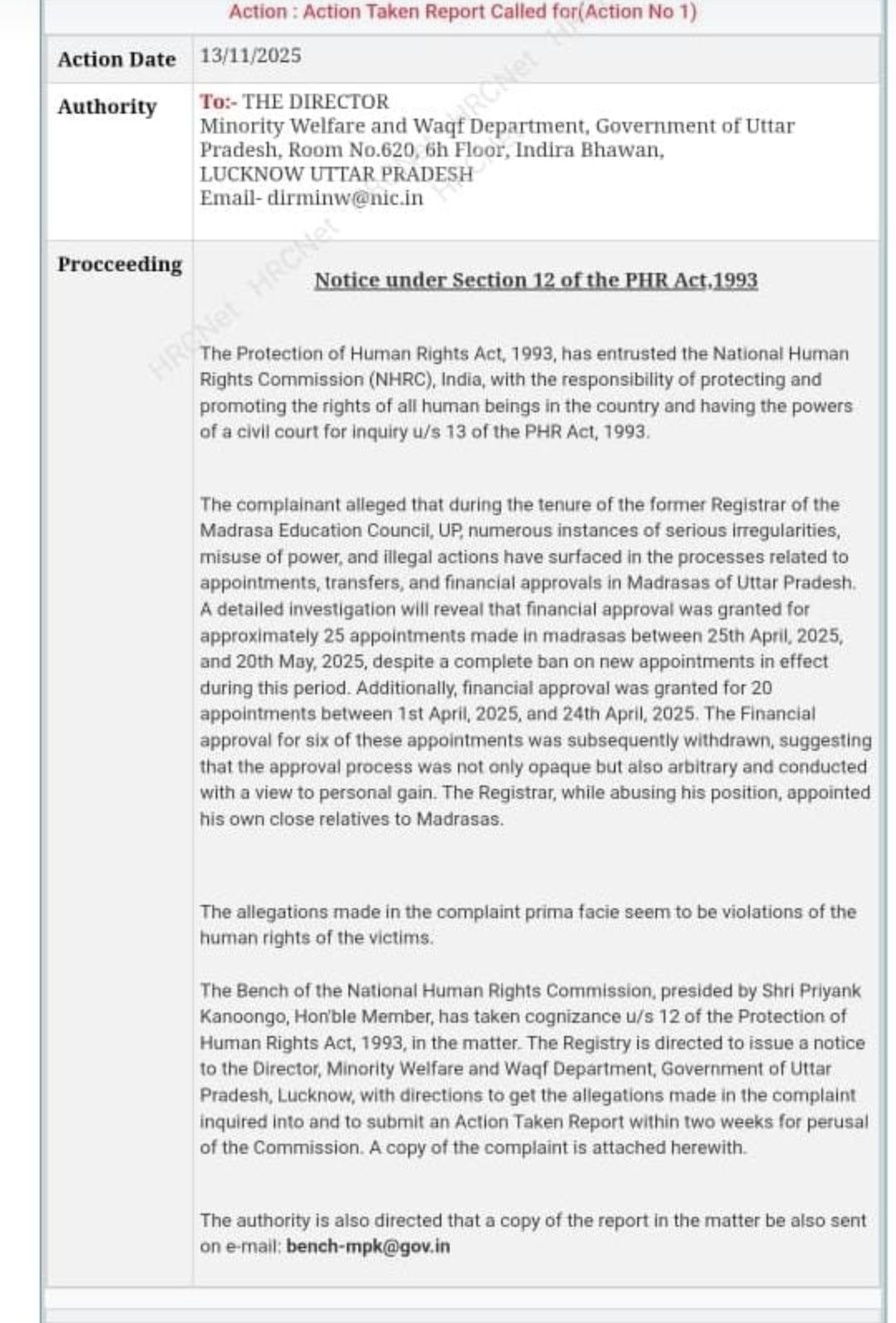 Action in madarsa board