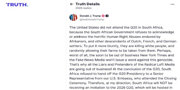 अमेरिकी राष्ट्रपति डोनाल्ड ट्रंप ने यह घोषणा ट्रुथ सोशल पर की।