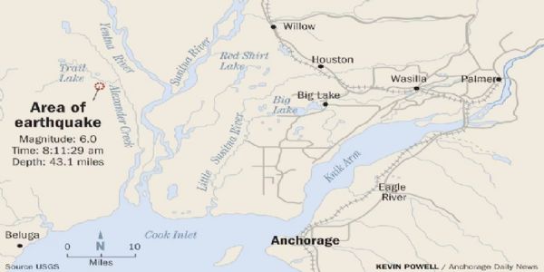 अलास्का के एंकरेज डेली न्यूज अखबार ने मानचित्र में भूकंप प्रभावित क्षेत्र को इंगित किया है।