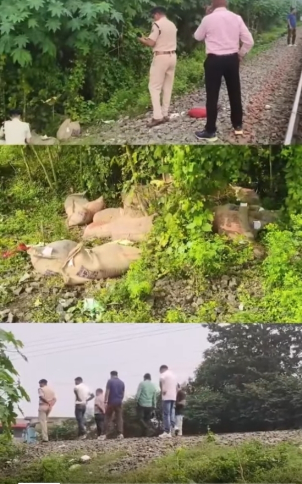 मालगाड़ी से चावल चोरी और जांच करते पुलिस पदाधिकारी