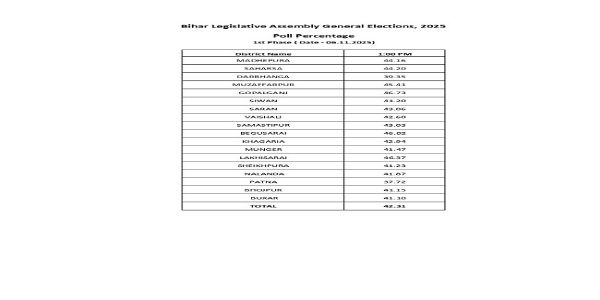 बिहार में 1 बजे तक औसत 42.31 प्रतिशत मतदान