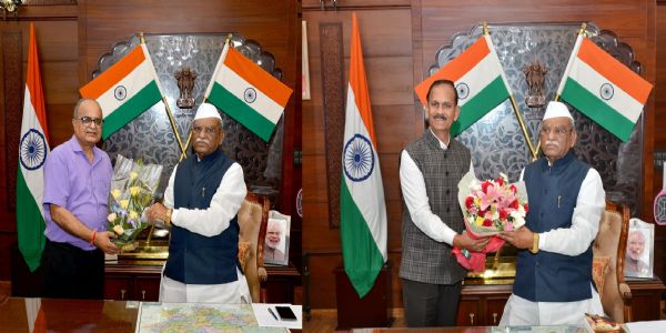 राज्यपाल से नव नियुक्त कुलगुरु डॉ. सुमंत व्यास और प्रो.पुष्पेंद्र सिंह चौहान ने की शिष्टाचार भेंट