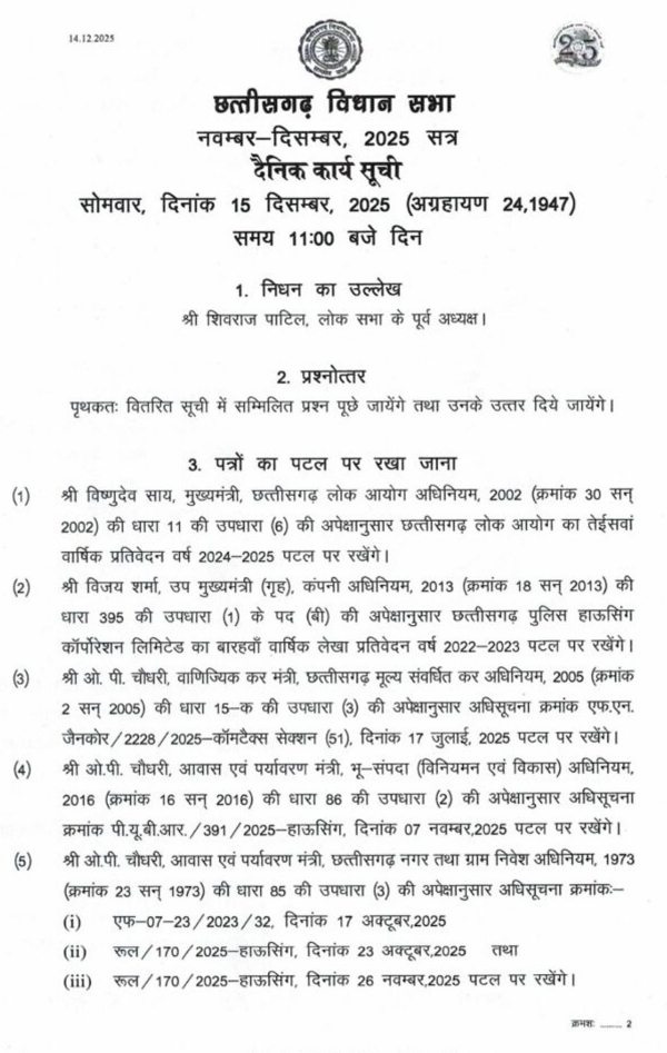 छग विधानसभा में आज हाेने वाली दैनिक कार्य सूची छग विधानसभा में आज हाेने वाली दैनिक कार्य सूची