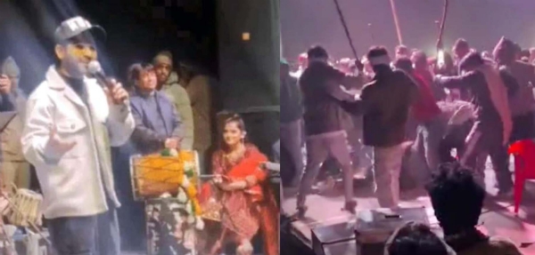 नूंह के गांव में एक शादी समारोह में प्रस्तुति देते बॉलीवुड सिंगर सलमान अली व कार्यक्रम में हो रही मारपीट।