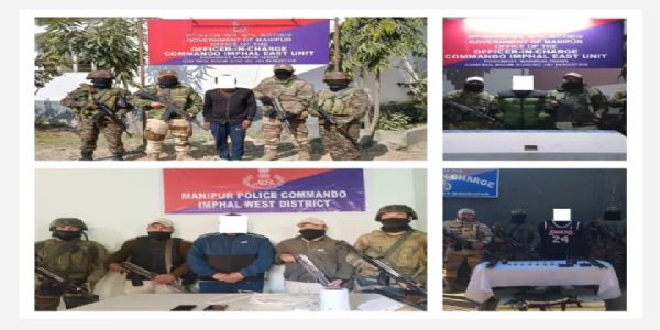 मणिपुर में चार उग्रवादियों की गिरफ्तारी और हथियार-गोलाबारूद बरामदगी की तस्वीरें।