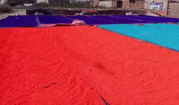 कारखाने लाल रंग को सुखाने के लिए धूप में डाला