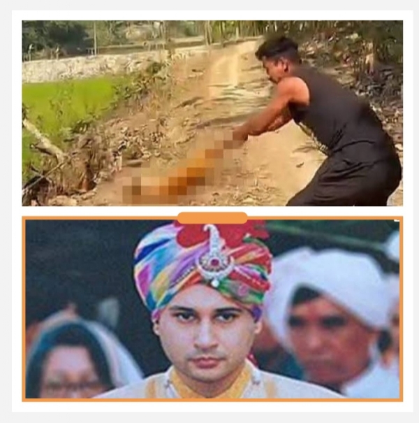 ऊपर के चित्र में कुत्ते की नृशंस हत्या करता हुआ व्यक्ति। नीचे, तिपरा मोथा पार्टी के संस्थापक प्रद्योत किशोर माणिक्य देबबर्मा।