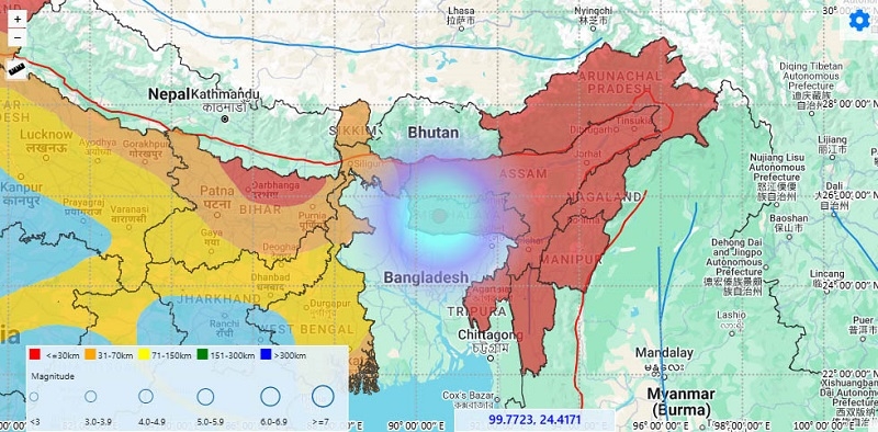 मेघालय में आए भूकंप का मैप