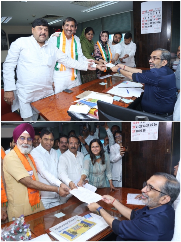 दिल्ली के मेयर के लिए नामांकन दाखिल करते हुए भाजपा और कांग्रेस के उम्मीदवार