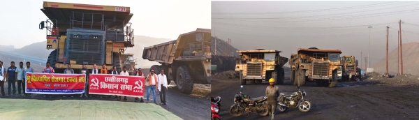 भू विस्थापित एसईसीएल की कुसमुंडा खदान में काम बंद कर हड़ताल करते