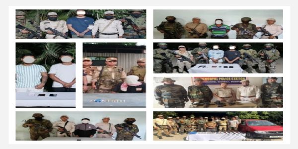 मणिपुर में गिरफ्तार उग्रवादियों तथा बरामद हथियार और विस्फोटकों की तस्वीर।