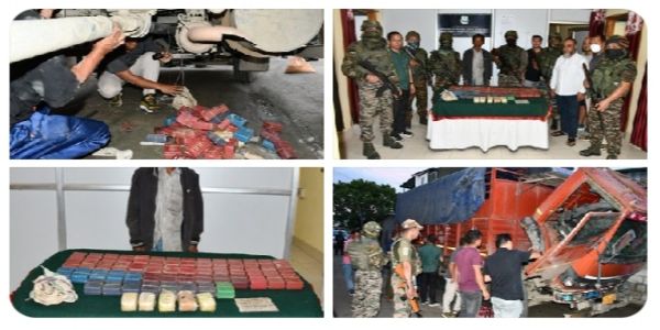 मणिपुर में असम राइफल्स द्वारा पकड़े गए ड्रग्स तस्कर और करोड़ों रुपये के जब्त मादक पदार्थों की तस्वीर। मणिपुर में असम राइफल्स द्वारा पकड़े गए ड्रग्स तस्कर और करोड़ों रुपये के जब्त मादक पदार्थों की तस्वीर।