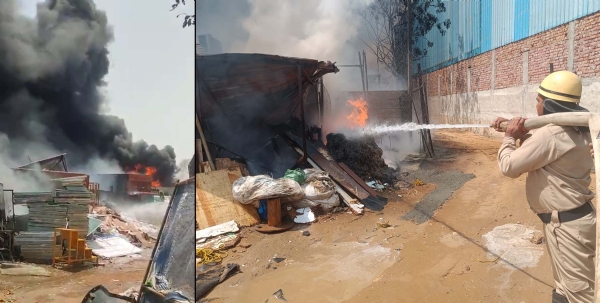 गुरुग्राम-पटौदी रोड स्थित जमालपुर गांव के पास कबाड़ के गोदाम में लगी भीषण आग व बुझाते दमकलकर्मी। गुरुग्राम-पटौदी रोड स्थित जमालपुर गांव के पास कबाड़ के गोदाम में लगी भीषण आग व बुझाते दमकलकर्मी।