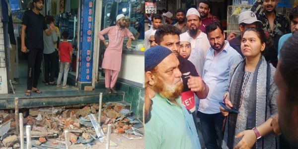निगम अमले ने दुकानों के सामने अवैध अतिक्रमण पर चलाई जेसीबी