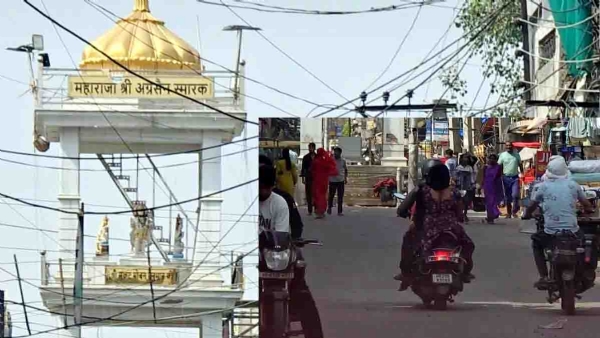 बल्लभगढ़ बाजार में लटके हुए तारें का दृश्य।