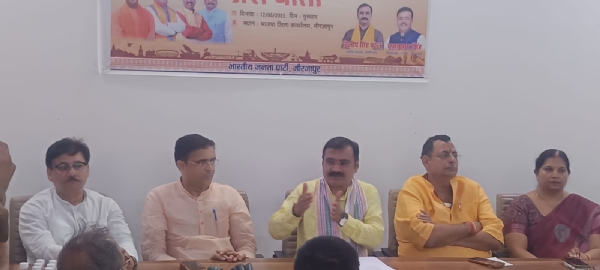 पत्रकार वार्ता में मोदी सरकार की 11 वर्षों की उपलब्धियां बताते दिलीप सिंह पटेल।