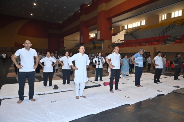 सीडीएलयू में योगाभ्यास करते कुलपति प्रो. विजय कुमार व अन्य।