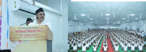 मुख्य वक्ता एवं राष्ट्रीय स्वयंसेवक संघ के अखिल भारतीय विमर्श संयोजक मुकुल कानिटकर स्वयंसेवकों को संबोधित करते हुए।