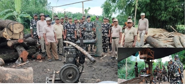 असमः भारत-भूटान सीमावर्ती इलाके में एसएसबी की 24वीं बटालियन द्वारा जब्त अवैध लकड़ी व आरा मशीन