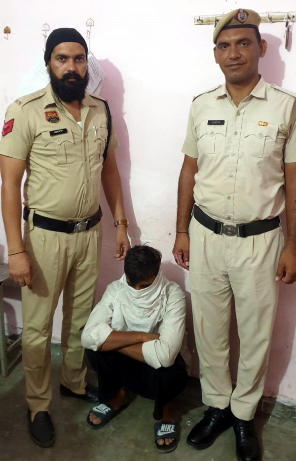 फतेहाबाद। पुलिस गिरफ्त में मंदिर में चोरी का आरोपी युवक।