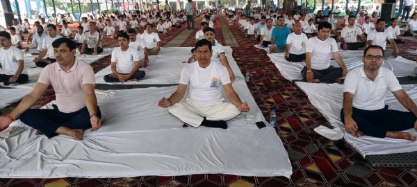 टोहाना। योगाभ्यास करते  सरस्वती हेरिटेज विकास बोर्ड उपाध्यक्ष धुमन सिंह किरमच व पूर्व मंत्री देवेन्द्र बबली।