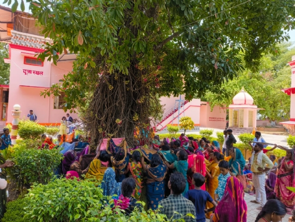 जगतानंद आश्रम के शिवलिंगी फुल के पेड़ के पास संतान प्राप्ति के लिए आंचल फैला कर फूल गिरने का इंतजार करती महिलाएं।