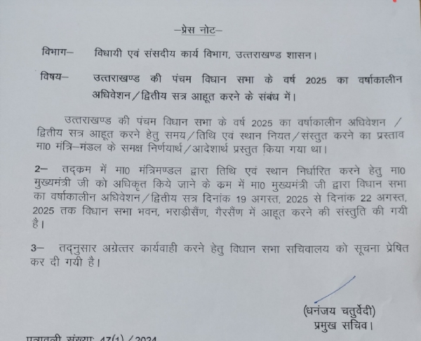 विधानसभा सत्र आहूत करने के लिए आदेश पत्र।