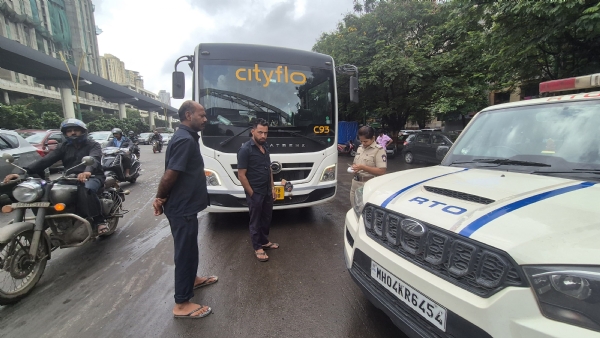 Tourist bus, taxi queue for fine
