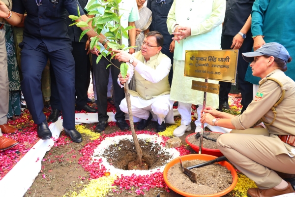 हरेला के अवसर पर पौधरोपण करते मुख्यमंत्री धामी।