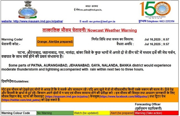 आईएमडी पटना द्वारा मौसम से संबंधित अलर्ट की फोटो