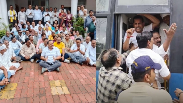 एसपी ऑफिस में जीतू पटवारी के खिलाफ FIR के विरोध में कांग्रेसियों का प्रदर्शन