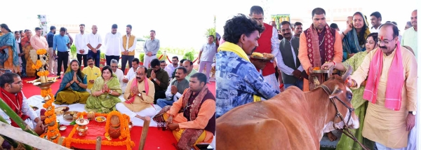 उप मुख्यमंत्री अरुण साव  गौमाता और कृषि औजारों की पूजा करते