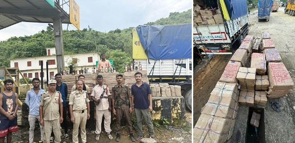 असमः काछर पुलिस द्वारा भारी मात्रा में जब्त अंग्रेजी शराब का दृश्य