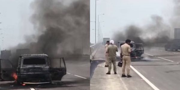हाईवे पर चलती स्कॉर्पियो में लगी आग,कूदकर बचाई जान